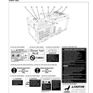 Puede incluir: Diagrama de un generador Kubota con calcoman&iacute;as de seguridad e instrucciones de funcionamiento. Incluye advertencias sobre combustible di&eacute;sel, materiales inflamables y altas temperaturas. Presenta el peso operativo y las clasificaciones del punto de elevaci&oacute;n.