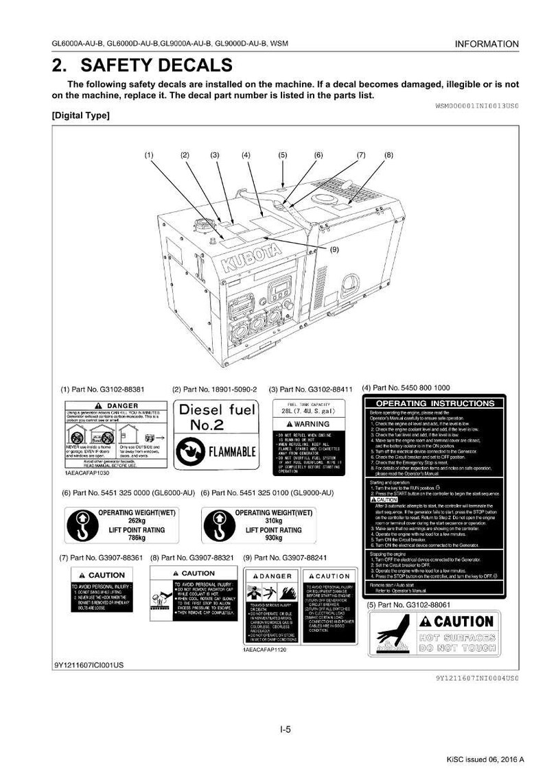Puede incluir: Diagrama de un generador Kubota con calcoman&iacute;as de seguridad e instrucciones de funcionamiento. Incluye advertencias sobre combustible di&eacute;sel, materiales inflamables y altas temperaturas. Presenta el peso operativo y las clasificaciones del punto de elevaci&oacute;n.