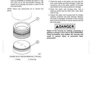 May include: Diagram illustrating piston removal, featuring a piston and end cap cross-section. Labels identify components. Text provides instructions and a warning against using pressurized air for removal.