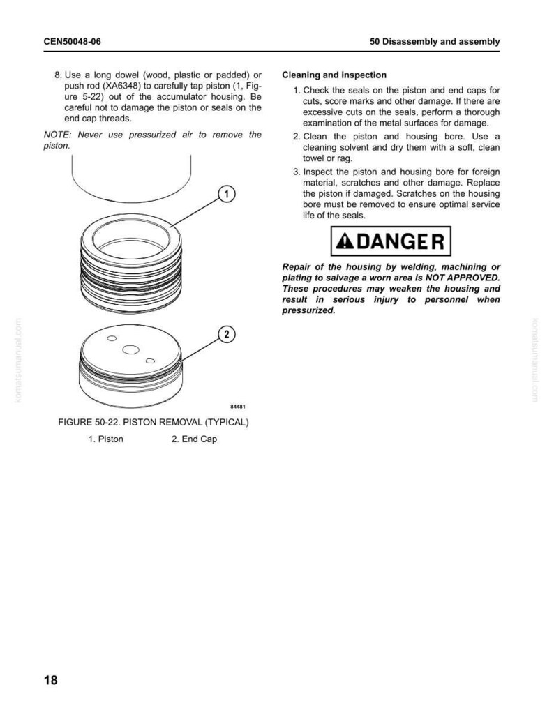 May include: Diagram illustrating piston removal, featuring a piston and end cap cross-section. Labels identify components. Text provides instructions and a warning against using pressurized air for removal.