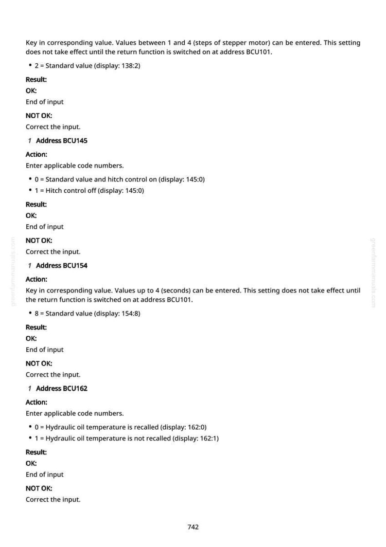 May include: A white page with black text providing technical instructions. The text includes values, results, and actions related to stepper motor settings, hitch control, and hydraulic oil temperature.