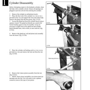 May include: Diagram of hydraulic cylinder disassembly steps. Includes images of tools and components, with labels like "C3725" and "Removing lock nut-". Text explains the process, including removing parts and using a spanner wrench.