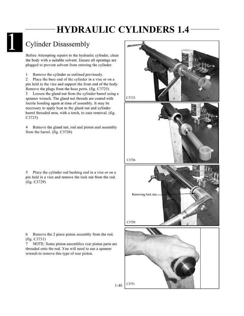 May include: Diagram of hydraulic cylinder disassembly steps. Includes images of tools and components, with labels like "C3725" and "Removing lock nut-". Text explains the process, including removing parts and using a spanner wrench.