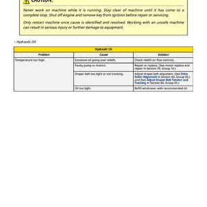 May include: A page titled "Hydraulic Oil" with a yellow caution box and a table detailing problems, causes, and solutions. The table includes issues like high temperature, oil leaks, and belt tracking problems, with corresponding troubleshooting steps.
