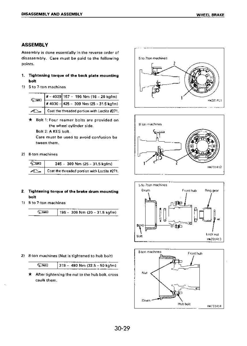 May include: Diagram of wheel brake assembly and disassembly instructions. Includes diagrams of the back plate mounting bolt and brake drum mounting bolt with torque specifications in Newton meters and kilogram-force meters.