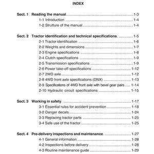 Puede incluir: Una p&aacute;gina de manual con el t&iacute;tulo "INTRODUCTION" y "CHAP.1 INDEX". El &iacute;ndice incluye secciones sobre la lectura del manual, la identificaci&oacute;n del tractor, el trabajo en seguridad y las inspecciones previas a la entrega.