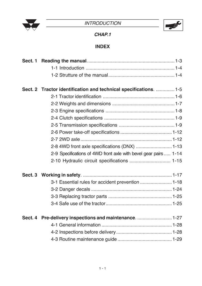 Puede incluir: Una p&aacute;gina de manual con el t&iacute;tulo "INTRODUCTION" y "CHAP.1 INDEX". El &iacute;ndice incluye secciones sobre la lectura del manual, la identificaci&oacute;n del tractor, el trabajo en seguridad y las inspecciones previas a la entrega.