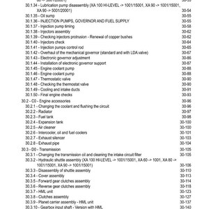 May include: A page from a manual titled "CONTENTS" with a list of engine and transmission components, including lubrication pumps, injectors, and cooling systems. The text is in black font on a white background.