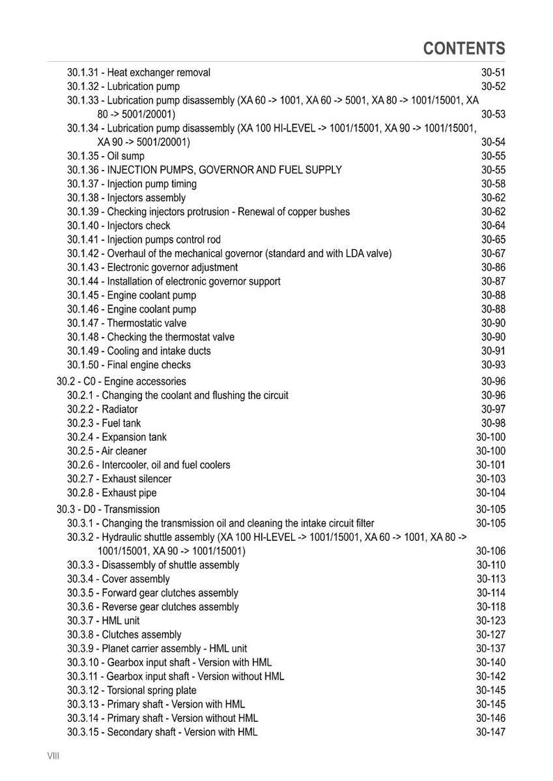 May include: A page from a manual titled "CONTENTS" with a list of engine and transmission components, including lubrication pumps, injectors, and cooling systems. The text is in black font on a white background.