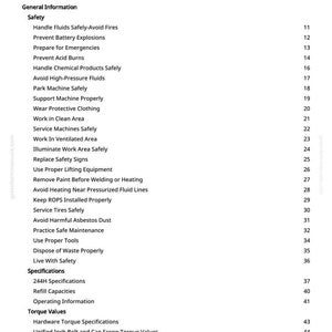 May include: A white page with a black Table of Contents for a manual. The table lists safety topics like "Handle Fluids Safely" and "Prevent Battery Explosions". Page numbers are on the right.