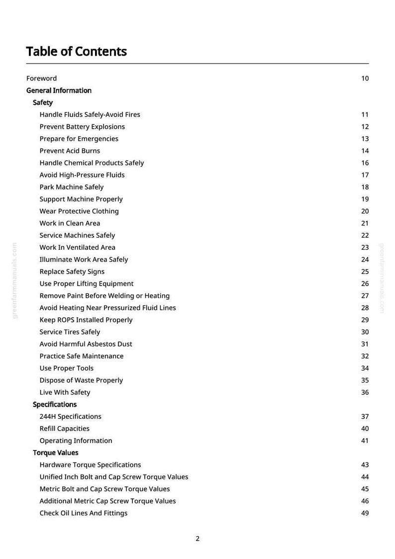 May include: A white page with a black Table of Contents for a manual. The table lists safety topics like "Handle Fluids Safely" and "Prevent Battery Explosions". Page numbers are on the right.