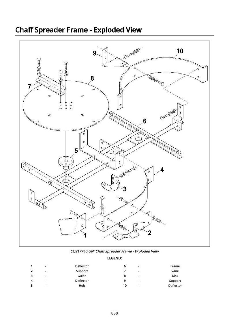 May include: An exploded view diagram of a Chaff Spreader Frame, labeled with numbers and component names. The diagram includes a disk, vanes, supports, and deflectors, with a legend for easy identification.