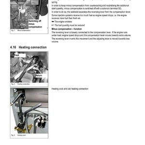 May include: A page from a CLAAS engine repair manual, detailing engine/radiator diagnosis. Sections include "Switching off minus compensation" and "Heating connection", with diagrams and technical text. The page is white with black text and diagrams.
