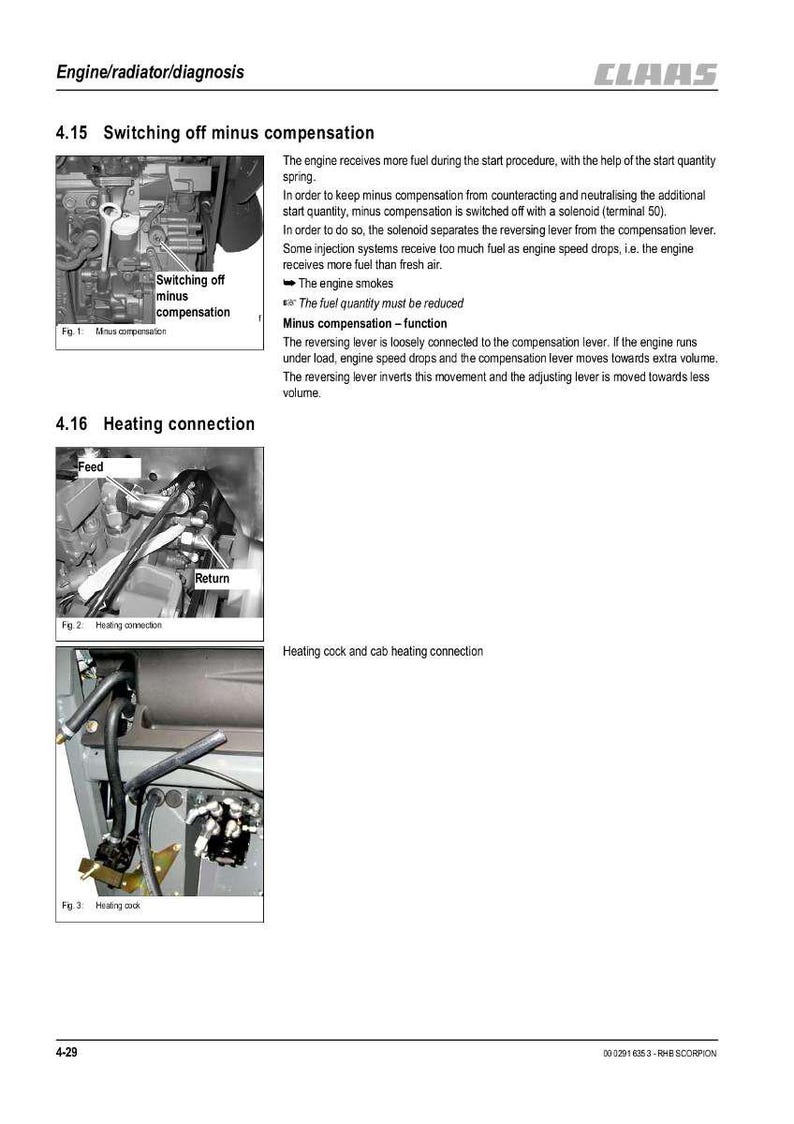 May include: A page from a CLAAS engine repair manual, detailing engine/radiator diagnosis. Sections include "Switching off minus compensation" and "Heating connection", with diagrams and technical text. The page is white with black text and diagrams.