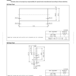 May include: Technical drawing of special tools, including D2 and D4 Push Tools. The D2 tool has dimensions of 150 mm and a diameter of 70 mm. The D4 tool includes measurements such as 115 mm and 80 mm. The drawing includes part numbers and material details.