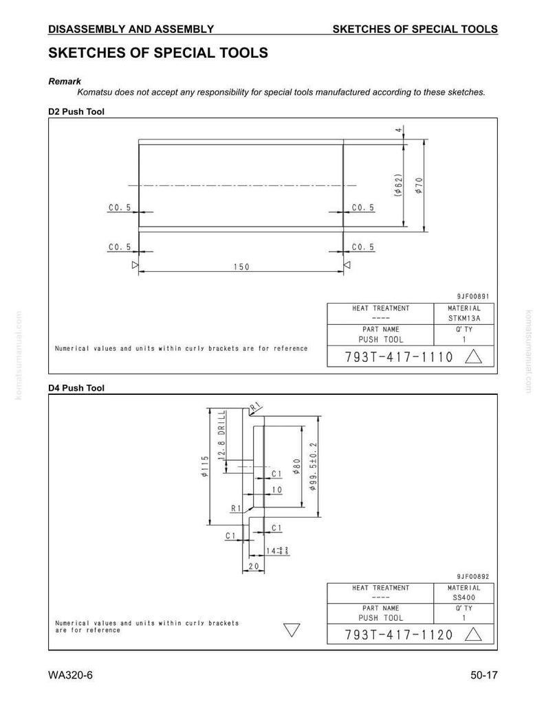 May include: Technical drawing of special tools, including D2 and D4 Push Tools. The D2 tool has dimensions of 150 mm and a diameter of 70 mm. The D4 tool includes measurements such as 115 mm and 80 mm. The drawing includes part numbers and material details.