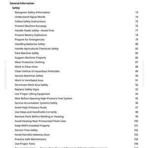 May include: A page from a manual titled "Table of Contents." The document lists safety topics, including handling fluids, batteries, and agricultural chemicals. The page numbers are on the right side.