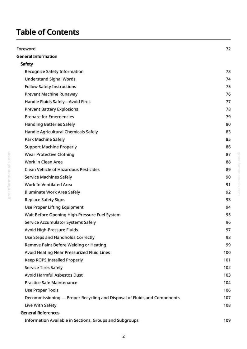 May include: A page from a manual titled "Table of Contents." The document lists safety topics, including handling fluids, batteries, and agricultural chemicals. The page numbers are on the right side.
