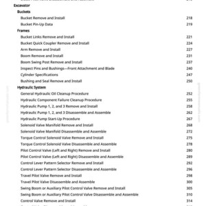 May include: A detailed table of contents from a manual, listing procedures for an excavator. Topics include blade cylinders, buckets, frames, and hydraulic systems. The page numbers are on the right.