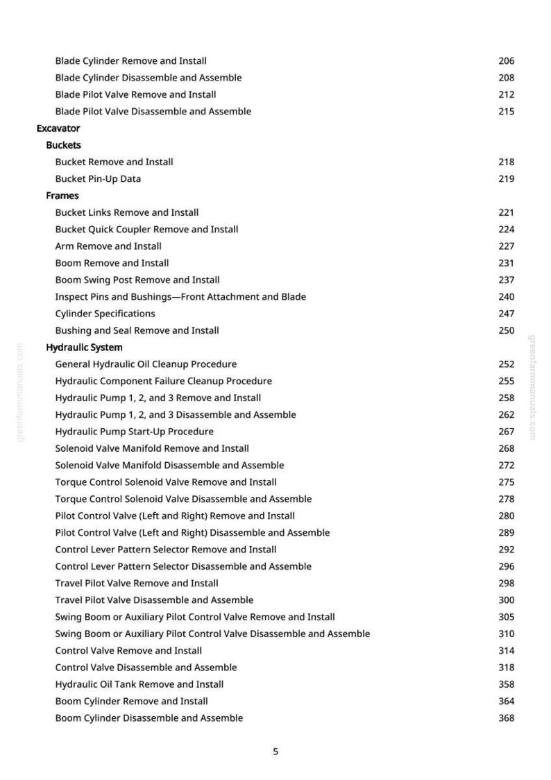 May include: A detailed table of contents from a manual, listing procedures for an excavator. Topics include blade cylinders, buckets, frames, and hydraulic systems. The page numbers are on the right.
