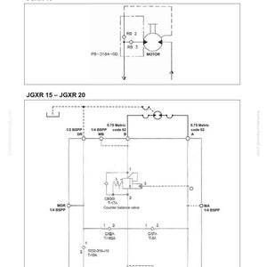 Pu&ograve; includere: Disegni schematici di blocchi valvole di controllo, inclusi JGXR 10 e JGXR 15-JGXR 20. I diagrammi mostrano vari componenti, tra cui un motore, valvole e punti di connessione con codici e misure metriche. L'immagine proviene da un manuale.