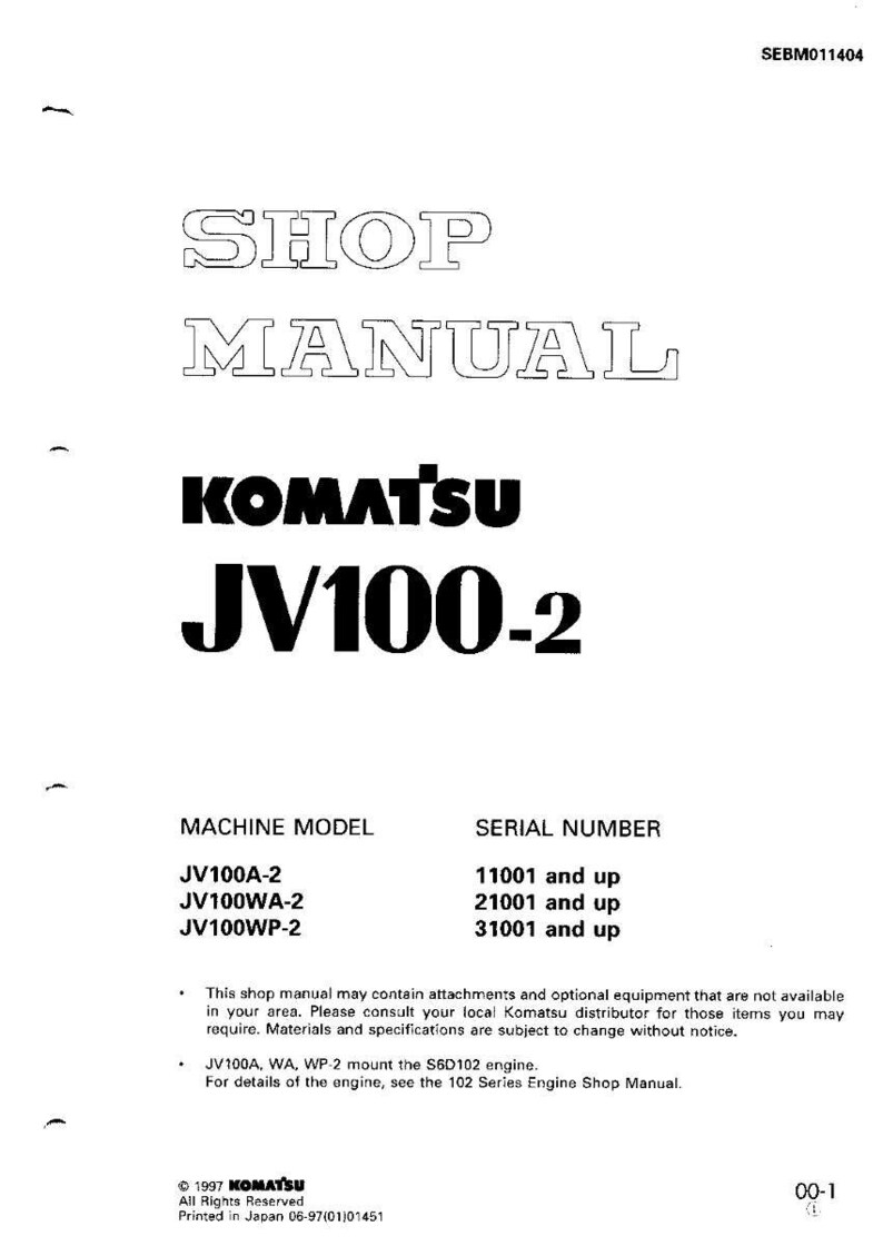 Puede incluir: Un manual de taller blanco con el texto "SHOP MANUAL" en la parte superior. Debajo est&aacute; la marca "KOMATSU" y el modelo "JV100-2". El manual enumera los modelos de m&aacute;quinas y los n&uacute;meros de serie. El manual est&aacute; impreso en Jap&oacute;n.