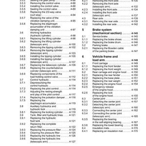 May include: A page from a Weidemann manual, featuring a detailed table of contents. The document lists various sections, including working hydraulics, drive and axles, and brake systems, with corresponding page numbers.