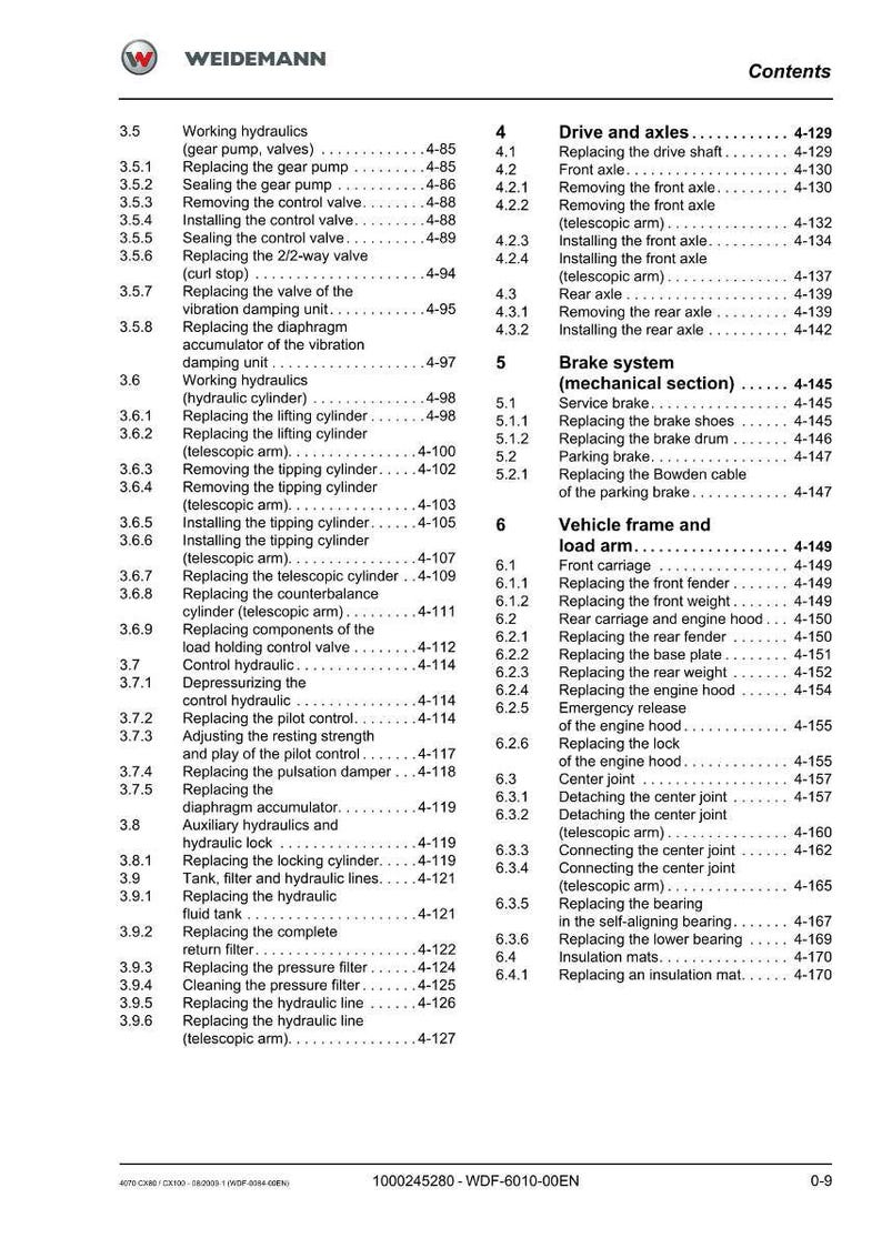 May include: A page from a Weidemann manual, featuring a detailed table of contents. The document lists various sections, including working hydraulics, drive and axles, and brake systems, with corresponding page numbers.