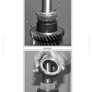 K&ouml;nnte beinhalten: Schwarz-wei&szlig;-Diagramm mechanischer Komponenten, einschlie&szlig;lich Zahnr&auml;dern und einer zylindrischen Welle. Das Bild zeigt detaillierte Ansichten der Teile mit den Bezeichnungen A, B und C. Der Text "YZ2715-UN" ist sichtbar.