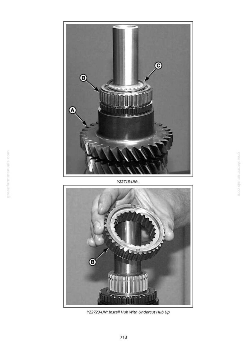 K&ouml;nnte beinhalten: Schwarz-wei&szlig;-Diagramm mechanischer Komponenten, einschlie&szlig;lich Zahnr&auml;dern und einer zylindrischen Welle. Das Bild zeigt detaillierte Ansichten der Teile mit den Bezeichnungen A, B und C. Der Text "YZ2715-UN" ist sichtbar.