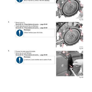 May include: Technical diagram with instructions for engine maintenance. The image shows detailed steps, including tightening screws and using specific tools. Text includes warnings about screw lengths and referencing page 20-30.