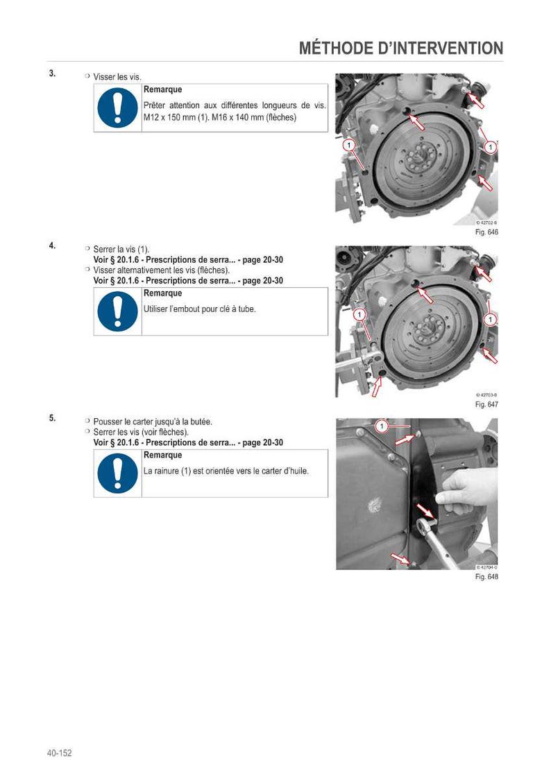 May include: Technical diagram with instructions for engine maintenance. The image shows detailed steps, including tightening screws and using specific tools. Text includes warnings about screw lengths and referencing page 20-30.