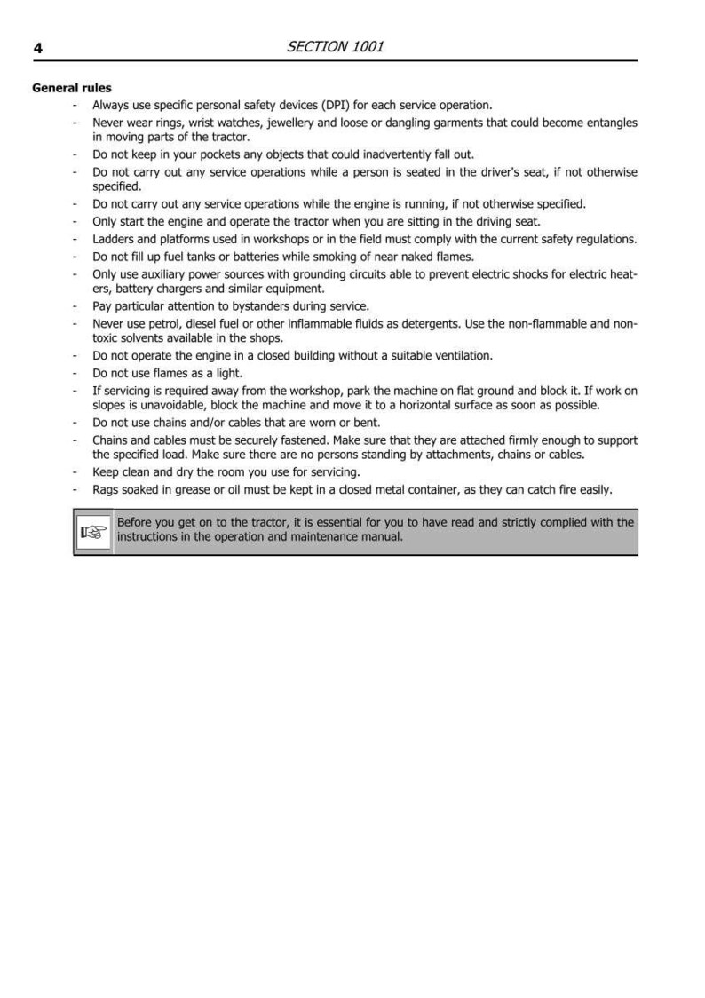 Puede incluir: P&aacute;gina de un manual con el t&iacute;tulo "SECCI&Oacute;N 1001" y "Reglas generales". El texto proporciona pautas de seguridad para el servicio de tractores, incluido el uso de equipos de protecci&oacute;n y el manejo adecuado del combustible.