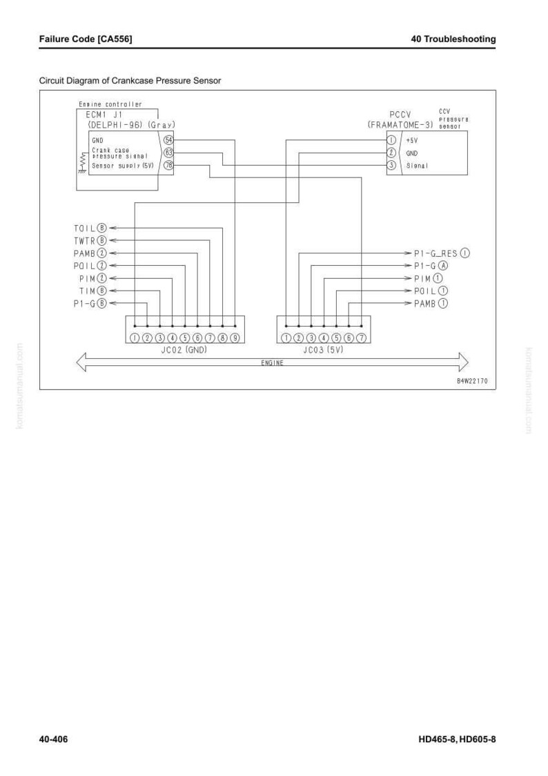 May include: Diagram of a crankcase pressure sensor with labels and wiring details. The diagram includes labels such as "ECM1 J1", "GND", and "Sensor supply". The text "Failure Code [CA556]" is at the top.