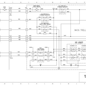 May include: A detailed electrical schematic diagram of a trolley control wiring system. The diagram includes various components, such as relays, circuit breakers, and disconnect switches, with labeled connections and reference numbers. The text "MAIN TROLLEY CABINET" is visible.