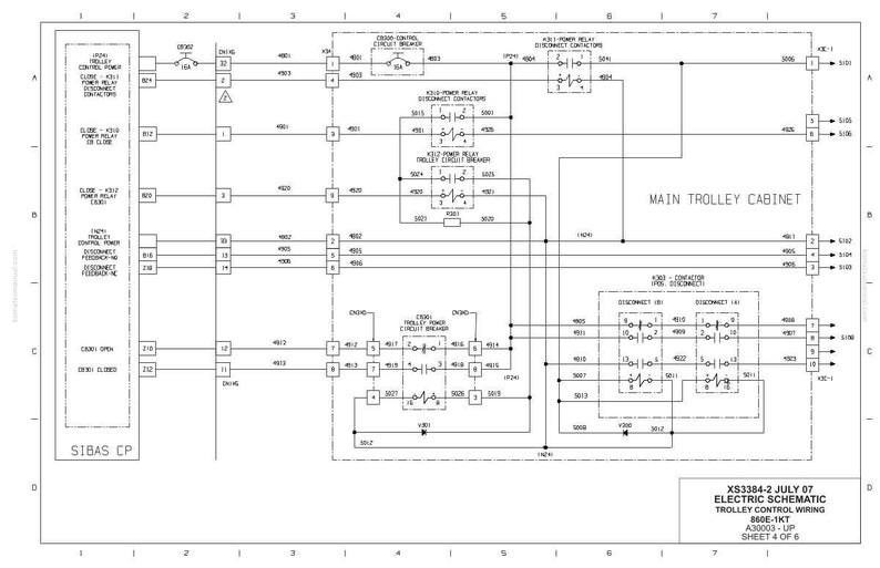 May include: A detailed electrical schematic diagram of a trolley control wiring system. The diagram includes various components, such as relays, circuit breakers, and disconnect switches, with labeled connections and reference numbers. The text "MAIN TROLLEY CABINET" is visible.