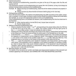 May include: A troubleshooting chart with text detailing methods for diagnosing and resolving issues. The document includes sections on distinguishing conditions, flowchart usage, and pin number locations. The text is in English and provides instructions for technical procedures.