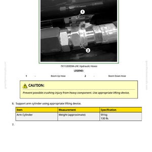 May include: Diagram of hydraulic hoses with labels and a warning about crushing injuries. The arm cylinder weighs approximately 59 kg. The image includes the text "TX1135959A-UN: Hydraulic Hoses."