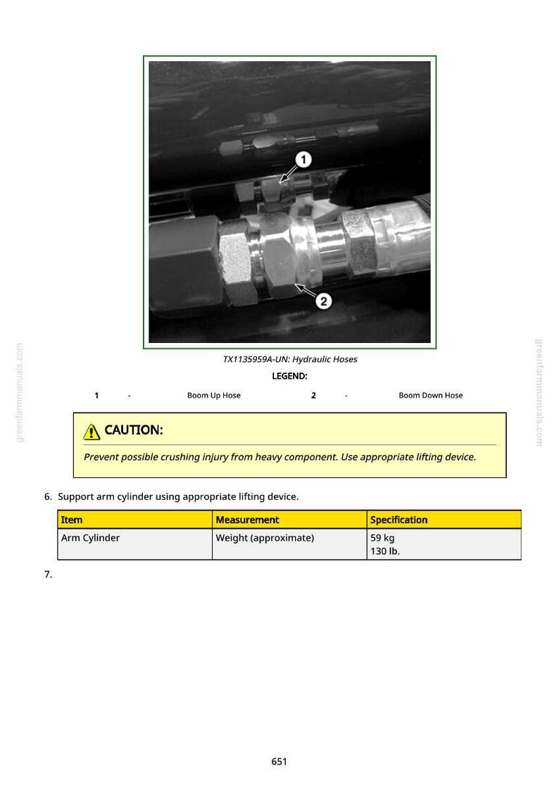 May include: Diagram of hydraulic hoses with labels and a warning about crushing injuries. The arm cylinder weighs approximately 59 kg. The image includes the text "TX1135959A-UN: Hydraulic Hoses."