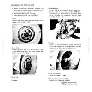 May include: A technical diagram from a manual detailing the disassembly procedure for a final drive system. The page includes step-by-step instructions with accompanying images of the components, including the cover, drive shaft, and planetary gear. The weight of the drive shaft is 66 lbs.