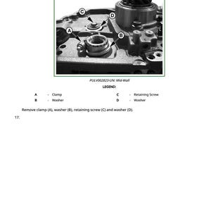 Op de afbeelding: Gedetailleerde afbeelding van mechanische componenten, waaronder een klem, ringen en een borgschroef. De afbeelding bevat de tekst "PULV002823-UN: Mid-Wall" en instructies voor het verwijderen van onderdelen. De afbeelding is in zwart-wit.
