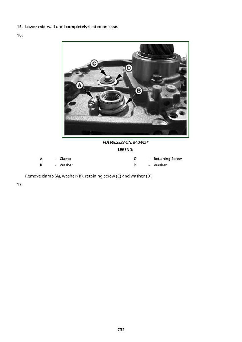 Op de afbeelding: Gedetailleerde afbeelding van mechanische componenten, waaronder een klem, ringen en een borgschroef. De afbeelding bevat de tekst "PULV002823-UN: Mid-Wall" en instructies voor het verwijderen van onderdelen. De afbeelding is in zwart-wit.