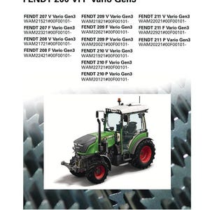 Może przedstawiać: Instrukcja serwisowa dla ciągnik&oacute;w FENDT 200 VFP Vario Gen3. Obraz przedstawia zielono-czarny ciągnik z czerwonymi kołami. Instrukcja zawiera r&oacute;żne modele i specyfikacje ciągnik&oacute;w. Logo FENDT znajduje się na g&oacute;rze.