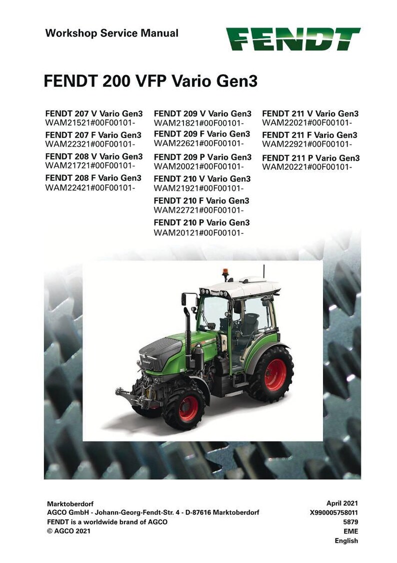 Może przedstawiać: Instrukcja serwisowa dla ciągnik&oacute;w FENDT 200 VFP Vario Gen3. Obraz przedstawia zielono-czarny ciągnik z czerwonymi kołami. Instrukcja zawiera r&oacute;żne modele i specyfikacje ciągnik&oacute;w. Logo FENDT znajduje się na g&oacute;rze.