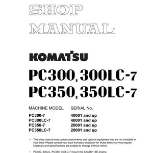Może przedstawiać: Instrukcja warsztatowa Komatsu z tytułem "SHOP MANUAL" w dużym, obrysowanym kroju pisma. Instrukcja obejmuje modele PC300, 300LC-7 i PC350, 350LC-7. Dokument zawiera informacje o modelu maszyny i numerze seryjnym.