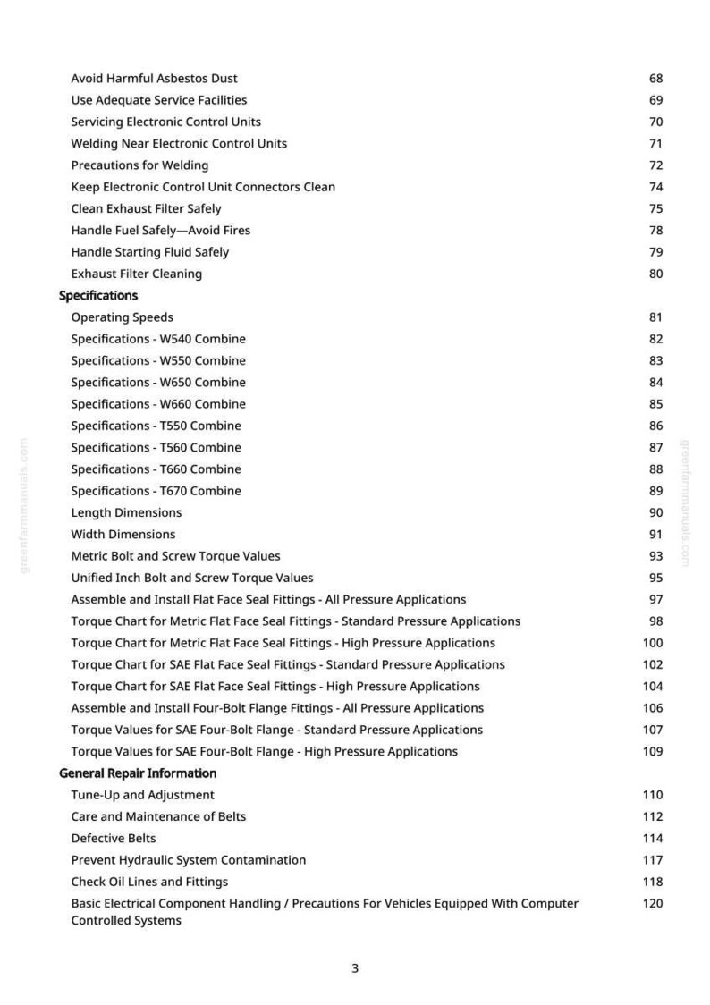 May include: A page from a manual with a list of specifications and general repair information. The text includes topics like "Avoid Harmful Asbestos Dust", "Operating Speeds", and "Tune-Up and Adjustment". The page number is 3.