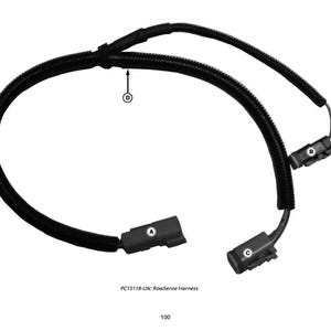 May include: Black RowSense harness with three connectors labeled A, B, and C. The harness is a curved, flexible cable with a corrugated texture. The text "PC15118-UN: RowSense Harness" is printed below the harness.