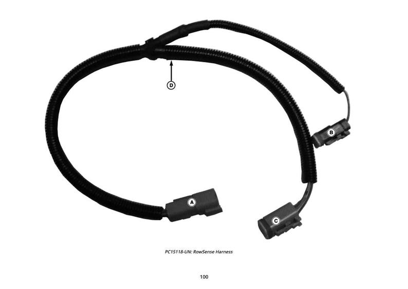 May include: Black RowSense harness with three connectors labeled A, B, and C. The harness is a curved, flexible cable with a corrugated texture. The text "PC15118-UN: RowSense Harness" is printed below the harness.