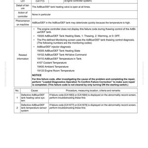 May include: A page from a troubleshooting guide, titled "FAILURE CODE [CA1713]", detailing fault codes and procedures. The document includes tables with failure codes, causes, and troubleshooting steps for vehicle systems.