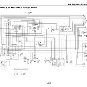 Puede incluir: Un diagrama esquem&aacute;tico detallado en blanco y negro del cableado central con un regulador mec&aacute;nico. El diagrama incluye numerosas l&iacute;neas, s&iacute;mbolos y etiquetas, con el texto "CENTRAL WIRING (VERSION WITH MECHANICAL GOVERNOR) (2/4)" en la parte superior.
